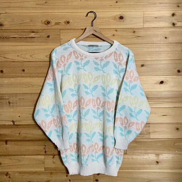Vintage Justin Allen Size Medium Floral Print Pastel Sweater 80s 90s - Picture 1 of 9